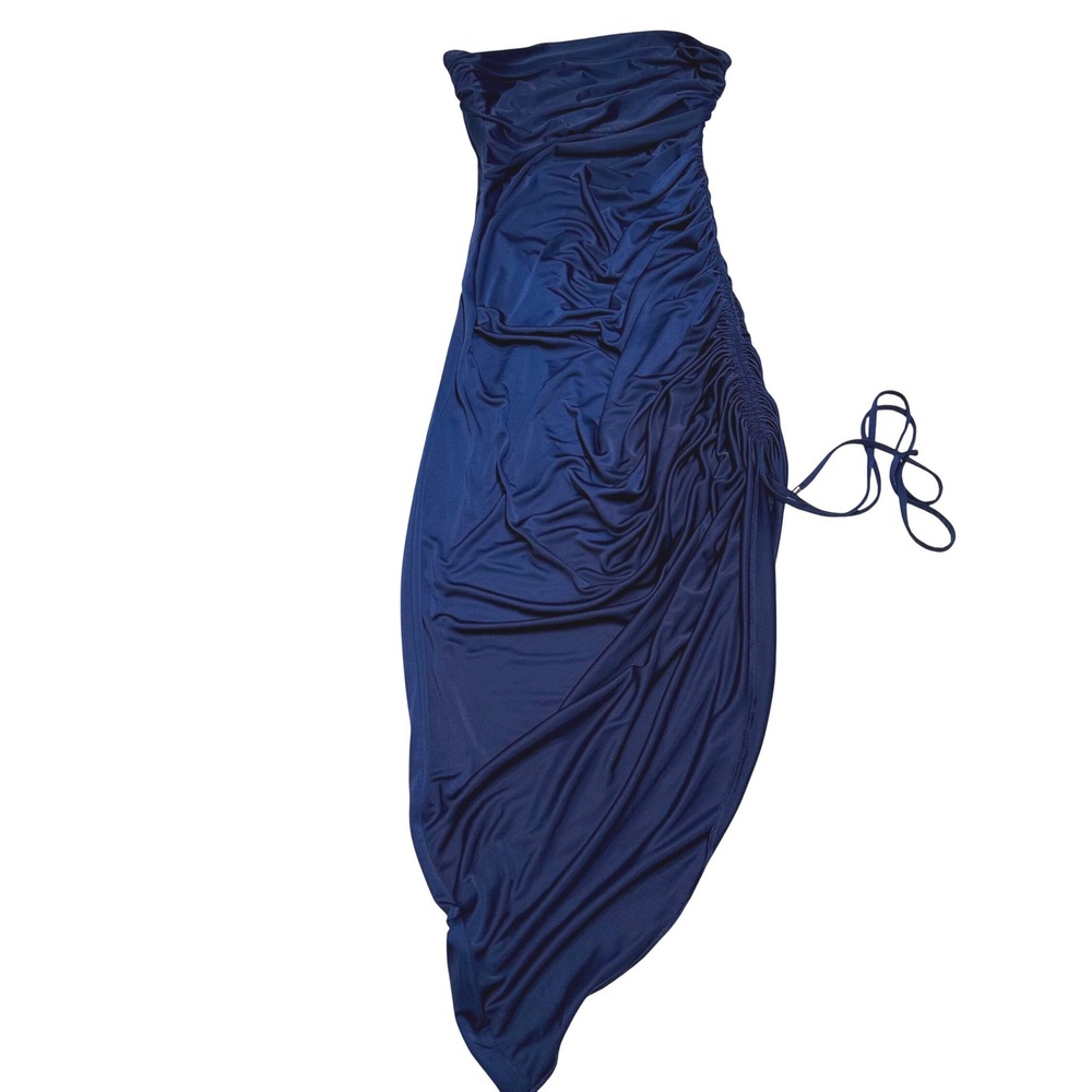 Ramy Brook Navy Blue Ruched Strapless cocktail evening party drape Midi Dress XS